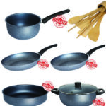 PACK de cuisine 12pcs  : Service Granite - 6pcs Bleu Gris + Ustensile de cuisine 6pcs Bambou