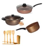 PACK de cuisine 11pcs : Service 5pcs - Granite - Gold + Ustensile de cuisine 6pcs Bambou