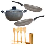 PACK de cuisine 10pcs : Service 4pcs - Granite - Gris+ Ustensile de cuisine 6pcs Bambou